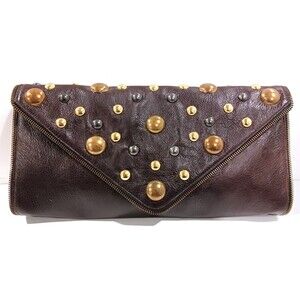 JJ Winters large envelope brown leather clutch purse bag, studded zipper edge